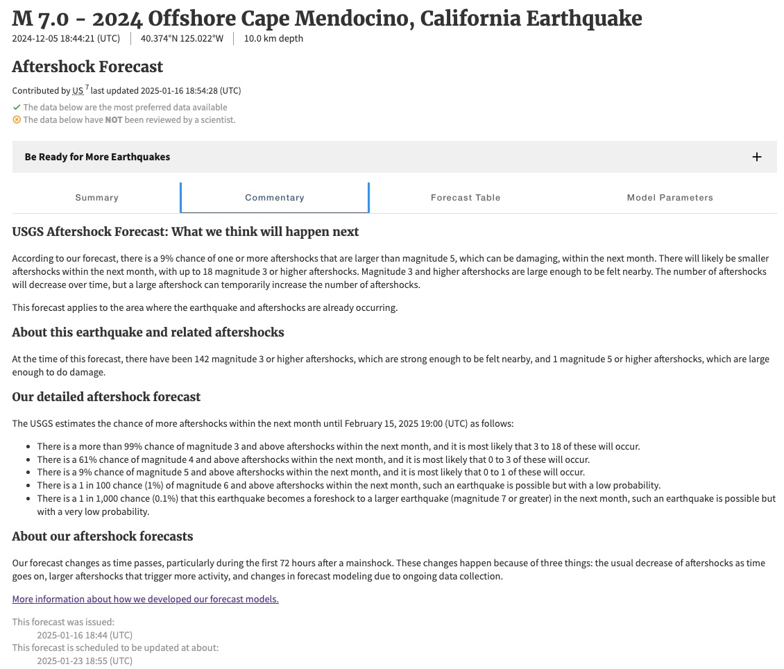A screenshot of the Aftershock Forecast displaying additional forecast information.