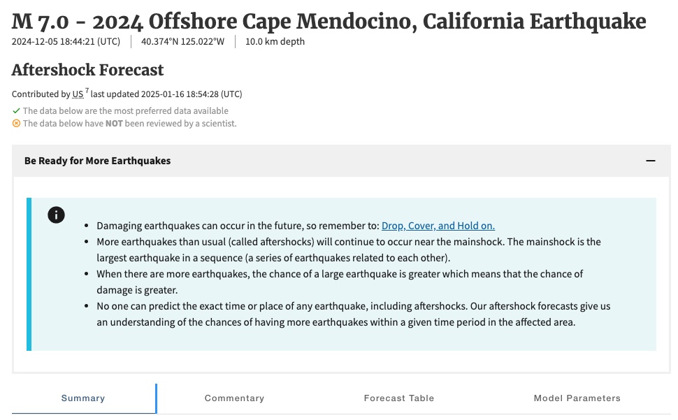 A header displaying the current earthquake info such as location, time, and depth.