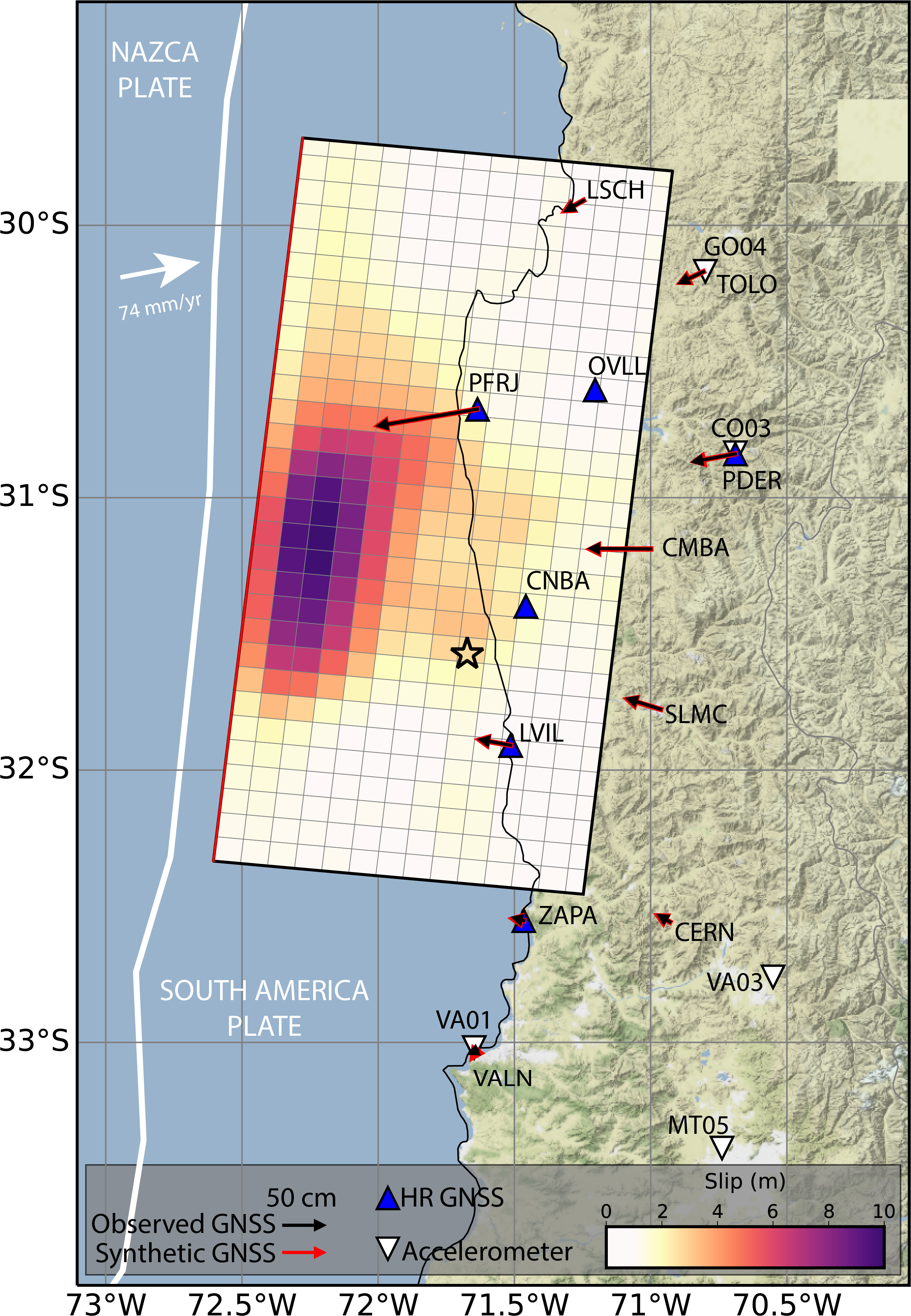 map of Chile and ocean with a grid with colors overlain