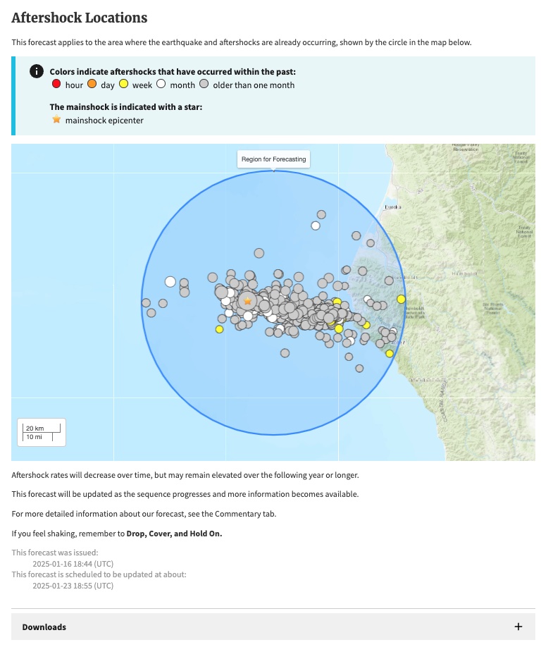 A map displaying aftershocks that have occured within the past hour, day, week, and month.