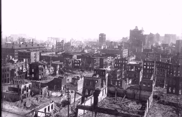 Wreckage of buildings.