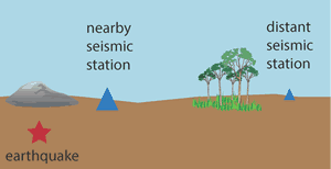cartoon showing a seismic station near an earthquake and another far away