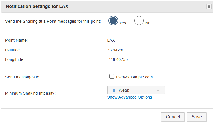 Notification Settings 
            modal with an active Yes/No toggle, point name, coordinates, notification address checkboxes, and a minimum 
            shaking intensity dropdown. An Advanced Options section is available.