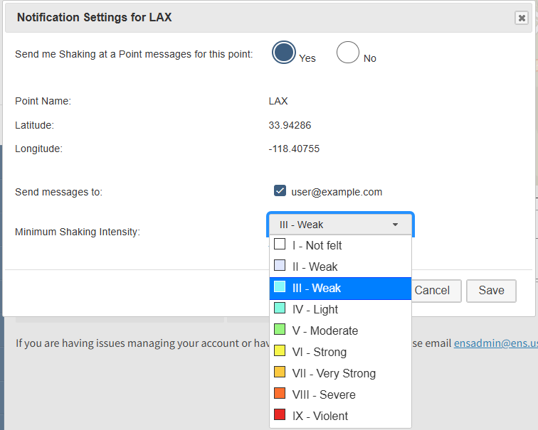 Notification 
            Settings modal with the Minimum Shaking Intensity dropdown open, showing options including I - Not felt, 
            III - Weak, IV - Light, V - Moderate, and VI - Strong.