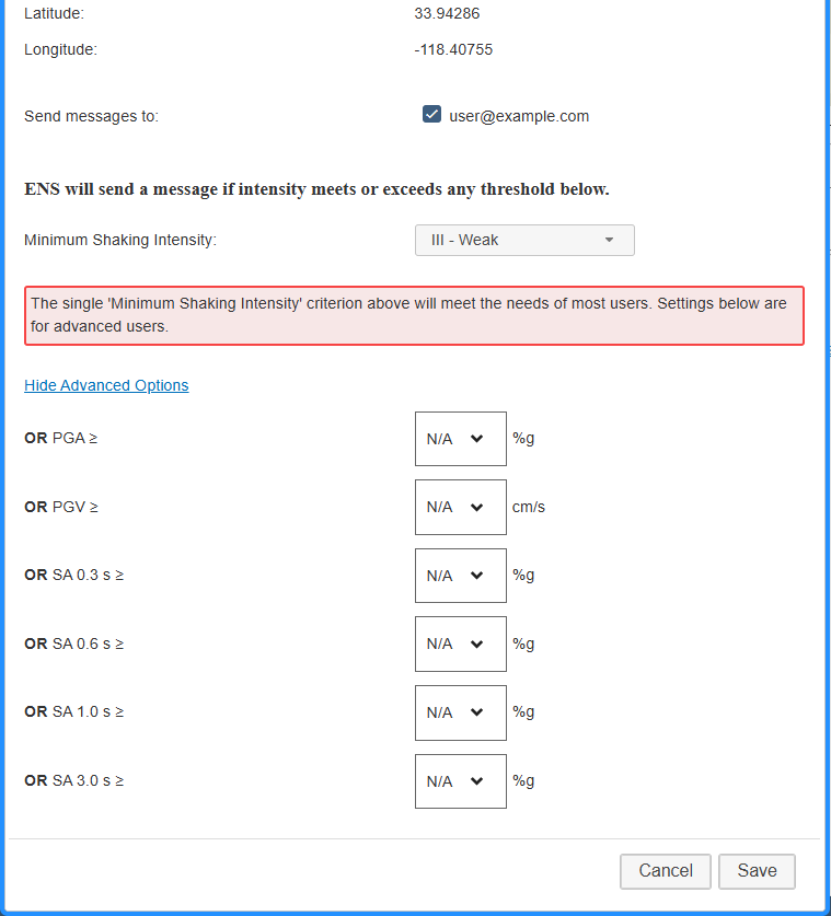 Notification Settings 
            modal with Advanced Options expanded, showing intensity measure fields including PGA, PGV, SA 0.3, SA 0.6, 
            SA 1.0, and SA 3.0.