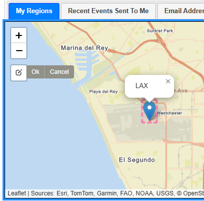 Map zoomed in on a marker in 
            edit mode, indicated by a dashed outline, with Ok and Cancel options on the toolbar.