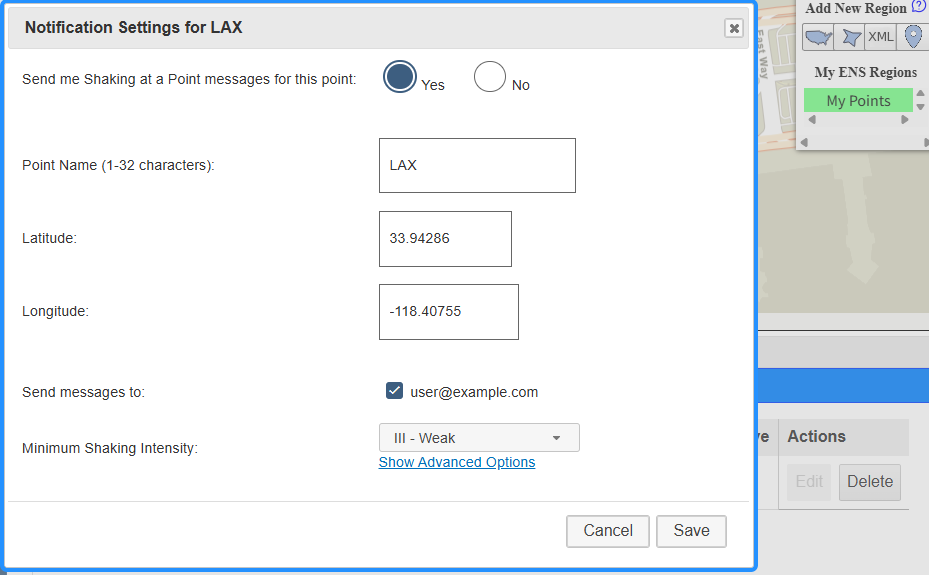 Notification Settings modal 
        in edit mode with fields for active toggle, point name, latitude, longitude, notification addresses, and minimum 
        shaking intensity. The My Points table Edit button is disabled in the background.