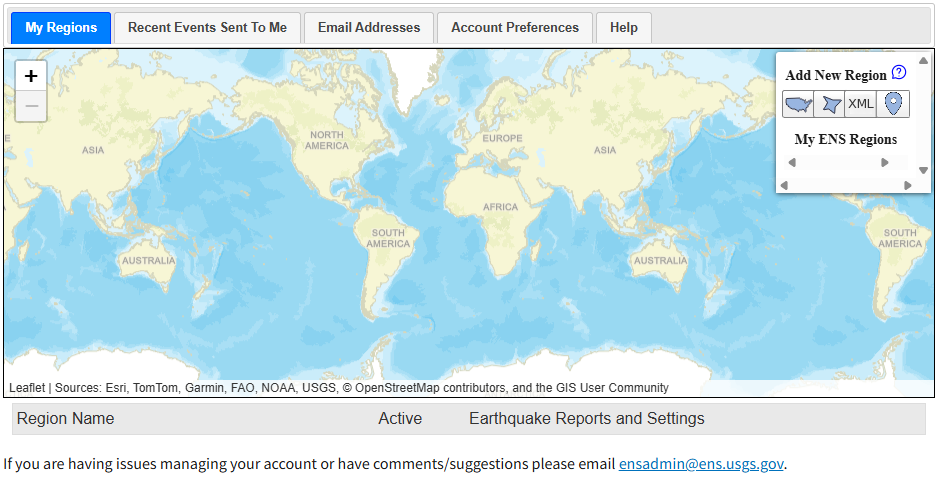 ENS map interface in its initial state, 
        showing the region panel on the right with options to add a region or point, and an empty accordion below.