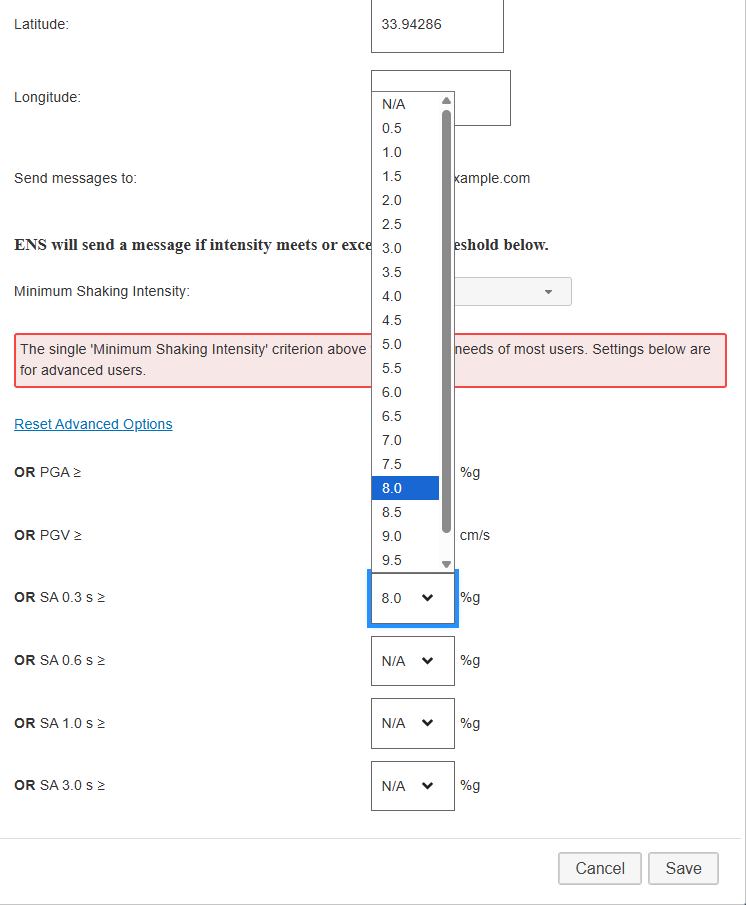 Notification Settings modal showing advanced options with the SA 0.3 select box open with values 
            displayed at 0.5 intervals.