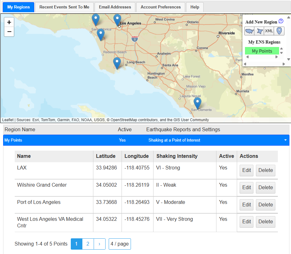 Map of southern California from Los 
            Angeles to San Clemente with 5 markers above the My Points table showing 4 of 5 points with pagination.