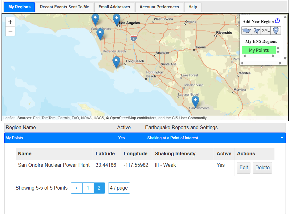 Map of southern California from Los 
            Angeles to San Clemente with 5 markers above the My Points table showing 1 of 5 points with pagination.