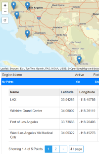 Shaking at a Point map showing 
                        sample user-placed markers in southern California, with a My Points table below listing details 
                        for 4 of 5 user points.