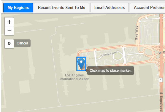 Marker placed at Los 
                        Angeles International Airport on the map, with a Cancel option on the toolbar and a tooltip 
                        prompting to click the map to place the marker.