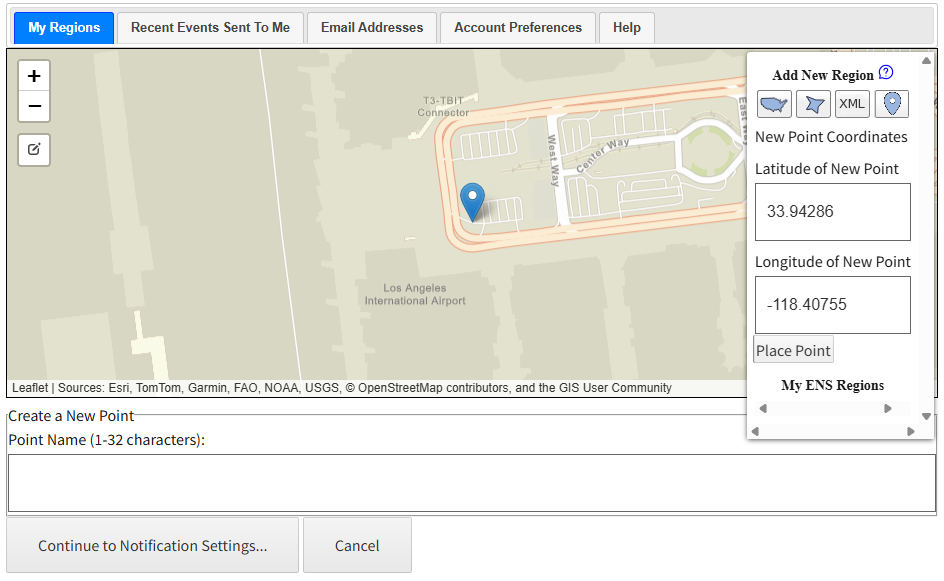 Map with a placed marker at Los 
            Angeles International Airport, the Edit button on the left toolbar, and the marker's coordinates populated 
            in the New Point Coordinates form in the panel.